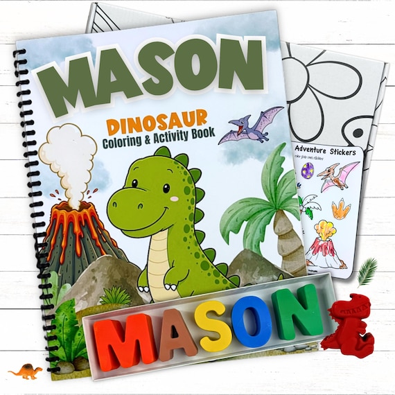 Personalized Kids Dinosaur Activity Coloring Book Name Crayons Gift Box Set with Stickers