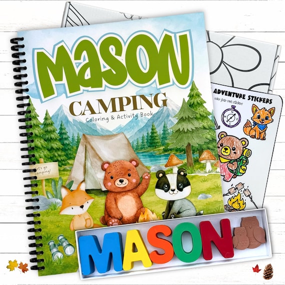 Personalized Kids Camping Activity Coloring Book Name Crayons Gift Box Set