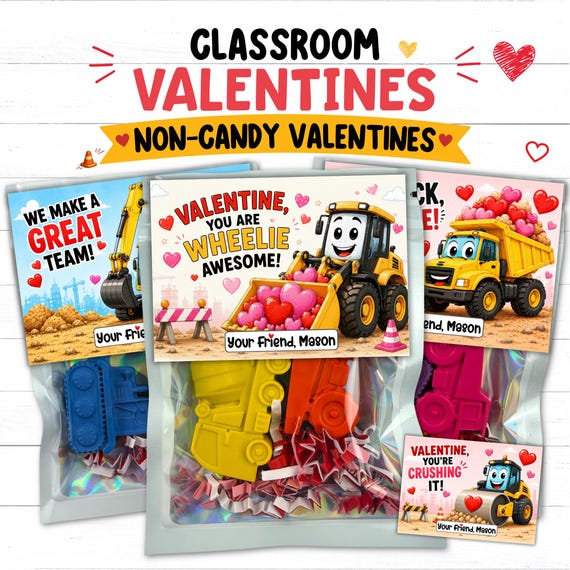 Construction Valentines with Crayons | Personalized Classroom Cards