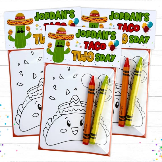Personalized Kids Taco Twosday Birthday Party Favors Mini Coloring Packs