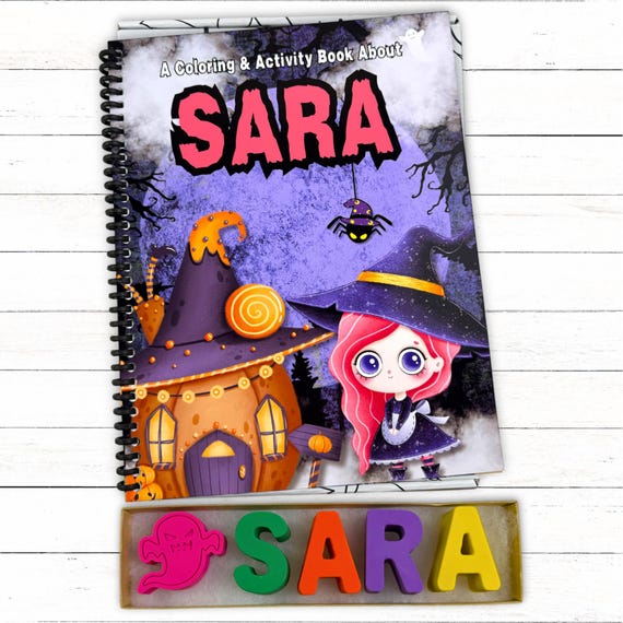 Personalized Kids Witch Halloween Activity Coloring Book, Custom Name Crayons Gift Box