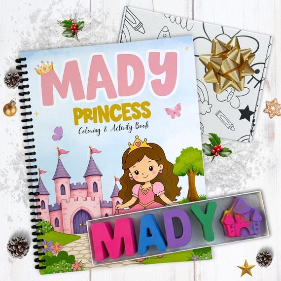 Personalized Christmas Kids Princess Coloring Book, Custom Name Crayons Gift Box