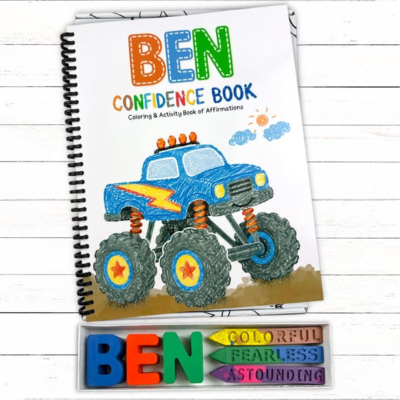 Personalized Kids Monster Truck Confidence Activity Coloring Book, Custom Crayon Name Toddler Boy Gift