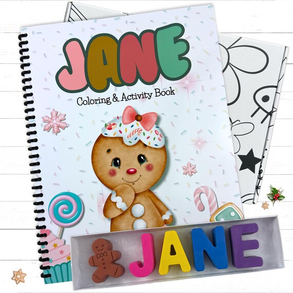 Personalized Kids Christmas Gingerbread Activity Coloring Book and Custom Name Crayon Gift Set