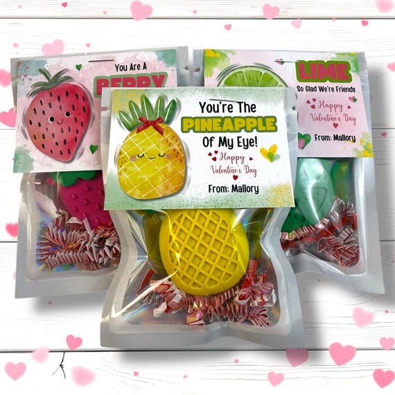 Fruit Valentines Cards Personalized with Crayons - Ideal Kids Class Favors for Valentine's Day
