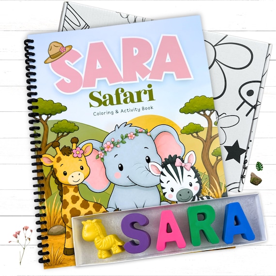 Personalized Girls Safari Activity Coloring Book Name Crayons Gift Box Set