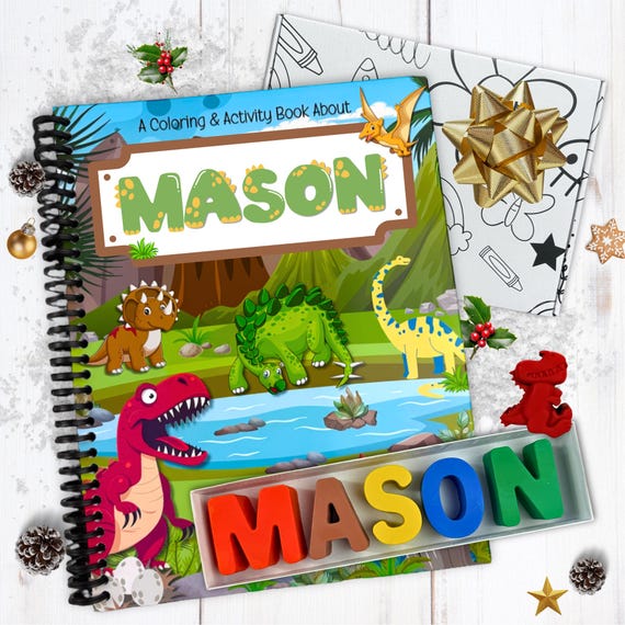 Personalized Christmas Kids Dinosaur Coloring Book, Custom Name Crayons Gift Box