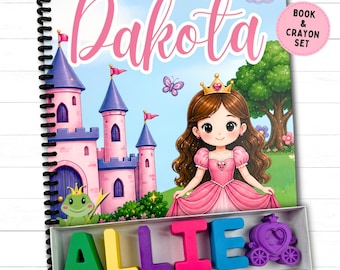 Princess Activity Book & Personalized Name Crayons for Girls