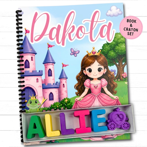 Princess Activity Book & Personalized Name Crayons for Girls