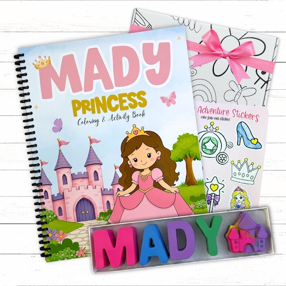 Personalized Princess 5th Birthday Gift Box, Custom Name Crayons and Sticker Book Set