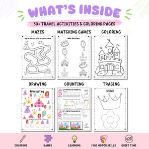 Princess-themed coloring and activity book preview featuring mazes, matching games, coloring pages, drawing prompts, counting activities, and tracing worksheets for toddlers and preschoolers. Includes castles, crowns, princesses, fine motor skill activities, travel-friendly learning pages, and educational worksheets designed for children ages 2–6.