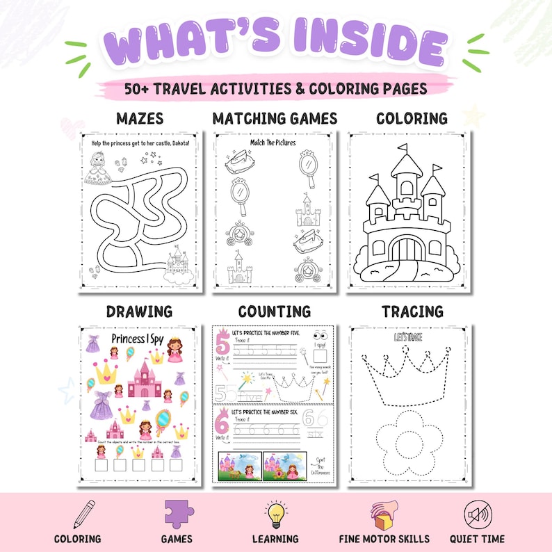 Princess-themed coloring and activity book preview featuring mazes, matching games, coloring pages, drawing prompts, counting activities, and tracing worksheets for toddlers and preschoolers. Includes castles, crowns, princesses, fine motor skill activities, travel-friendly learning pages, and educational worksheets designed for children ages 2–6.