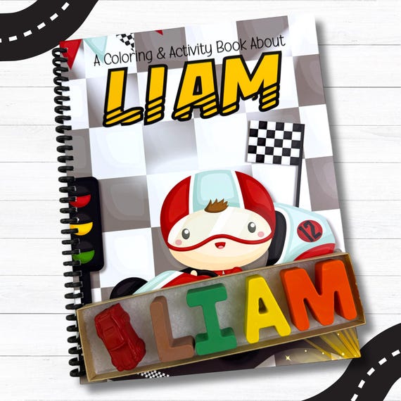 Personalized Race Car Coloring Book & Name Crayons: Kids Birthday Gift