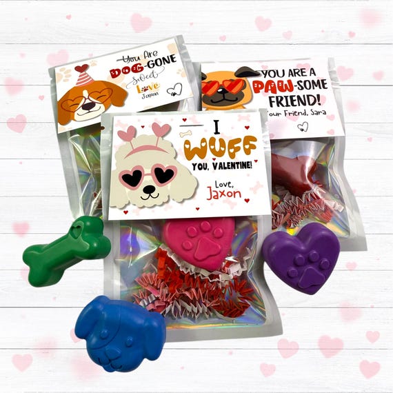 Personalized Puppy Valentine Cards with Crayons: Kids Classroom Favors