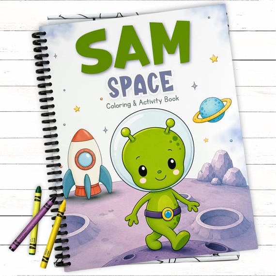 Personalized Space 2nd Birthday Coloring Book, Custom Alien Astronaut Activity Gift Set