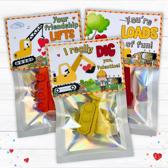 Personalized Kids Construction Valentine Classroom Favors Custom Shape Crayon Set