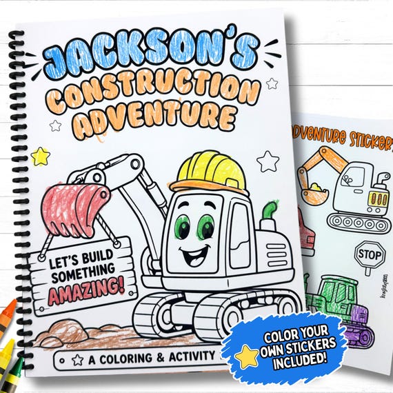 Personalized Color Your Own Construction Book & Stickers