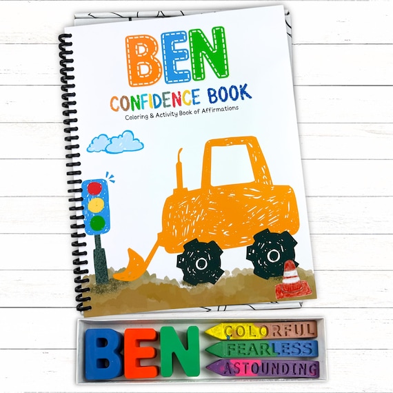 Personalized Kids Construction Confidence Activity Coloring Book, Boys Custom Name Crayons Gift Box