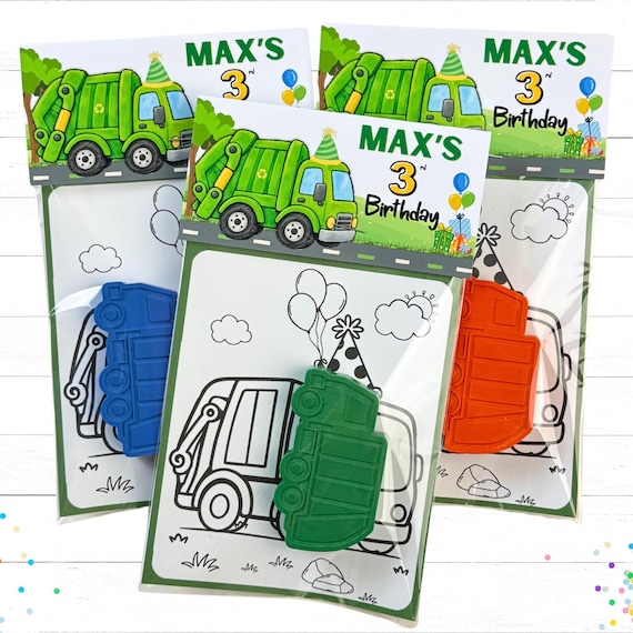 Personalized Kids Garbage Truck Birthday Favors Custom Shape Crayon Activity Packs