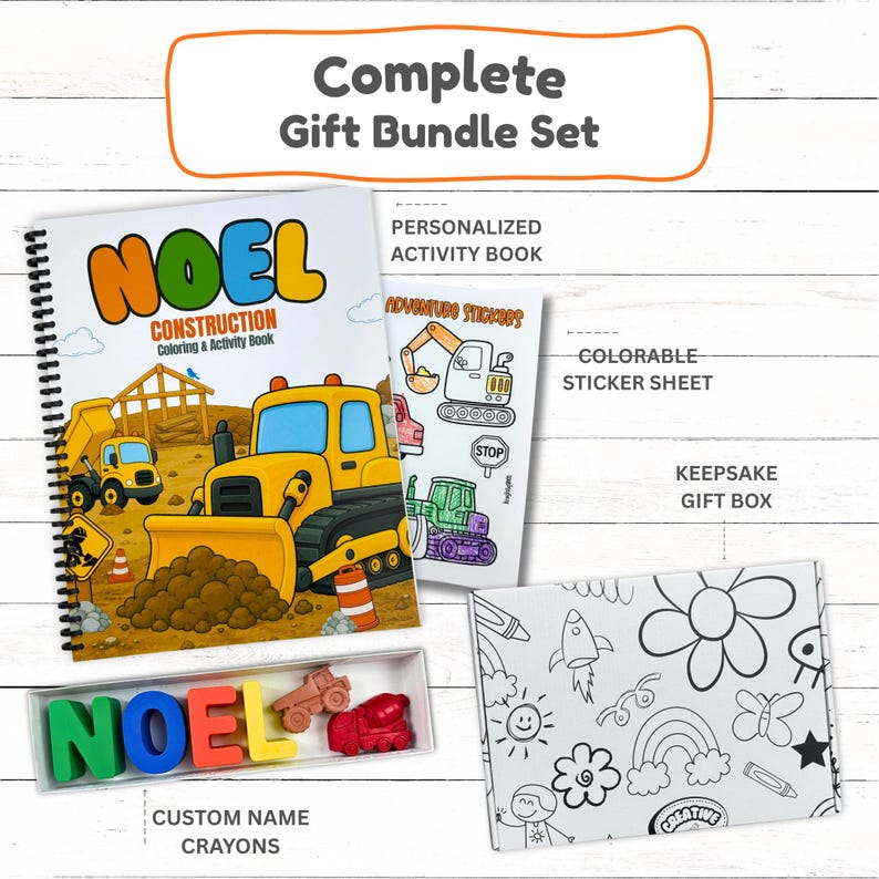 A product blueprint diagram detailing a personalized bulldozer book, custom name crayons, a construction sticker sheet, and a colorable keepsake box.