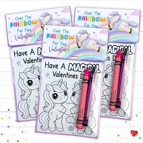 Personalized Kids Unicorn Valentine Day School Party Favors Mini Coloring Packs