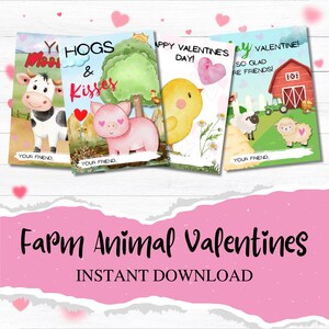 Farm Animal Valentine&#39;s Day Cards: Kids Printable Valentines (Digital Download)