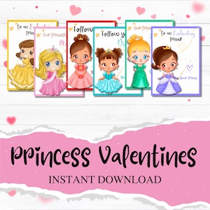 Princess Valentine&#39;s Day Cards - Printable Kids Class Valentine Cards - Princess Valentine Tags - Digital Download