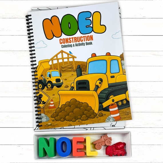 Personalized Toddler 2nd Birthday Construction Coloring Book, Custom Name Crayons Gift Box