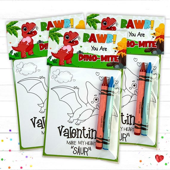 Personalized Kids Dinosaur Valentine Day School Party Favors Mini Coloring Packs