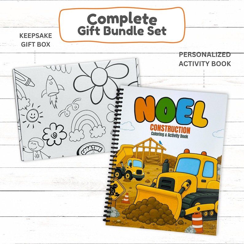 A product diagram outlining a personalized full color construction activity book next to a custom uncolored doodle pattern cardboard keepsake gift box.