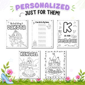 Personalized princess coloring and activity book pages featuring the child’s name throughout the book. Includes custom name tracing, princess coloring pages, castles, unicorns, alphabet learning, affirmations, and fine motor activities designed for toddlers and preschoolers. Personalized educational worksheets help children practice name recognition, writing, coloring, and early learning skills.