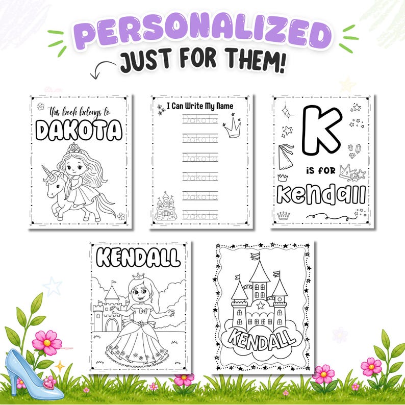 Personalized princess coloring and activity book pages featuring the child’s name throughout the book. Includes custom name tracing, princess coloring pages, castles, unicorns, alphabet learning, affirmations, and fine motor activities designed for toddlers and preschoolers. Personalized educational worksheets help children practice name recognition, writing, coloring, and early learning skills.