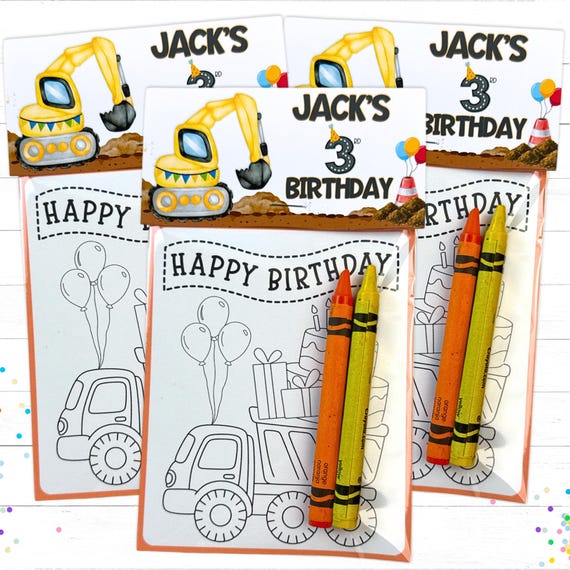 Personalized Kids Construction Birthday Party Favors Mini Coloring Packs
