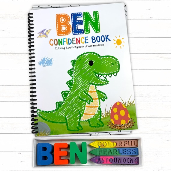 Personalized Kids Dinosaur Confidence Activity Coloring Book, Custom Name Crayon Boy Present