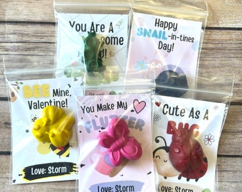 Insect Valentine Cards. Kids. Butterfly crayons. Class favors. Valentines Day. Kids class favors with crayons. Bee valentines.