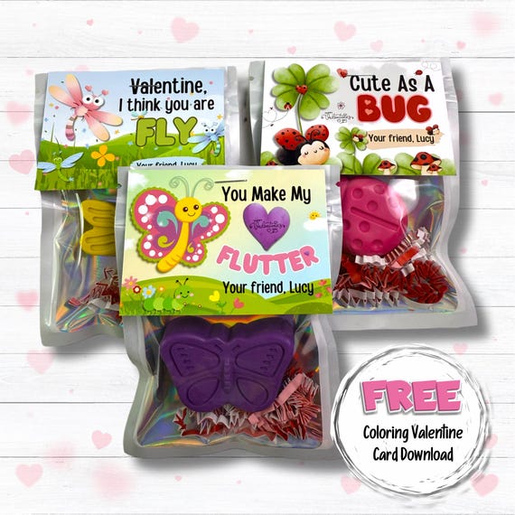 Insect Valentine Cards with Crayons – Butterfly, Ladybug & Dragonfly  – Personalized Kids Class Favors – Classroom Gifts