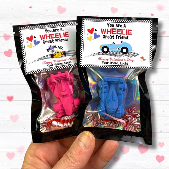 Race Car Valentine Cards with Crayons: Kids Classroom Valentines