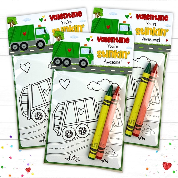 Personalized Kids Garbage Truck Valentine Day School Party Favors Mini Coloring Packs