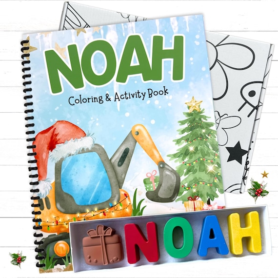 Personalized Kids Christmas Activity Coloring Book and Custom Name Crayon Set