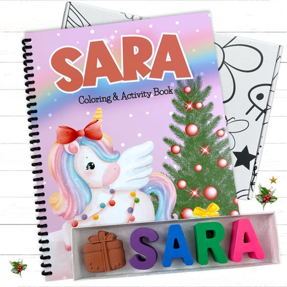 Personalized Kids Christmas Unicorn Activity Coloring Book and Custom Name Crayon Gift Set