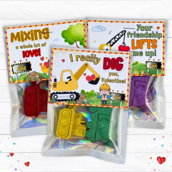 Personalized Kids Construction Valentine Classroom Favors 2 Custom Shaped Crayons Set