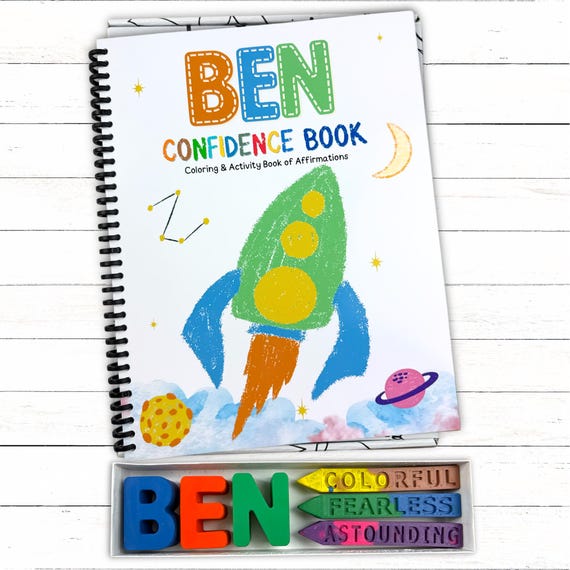 Personalized Kids Space Mindset Activity Coloring Book, Custom Boys Name Crayons Gift Box
