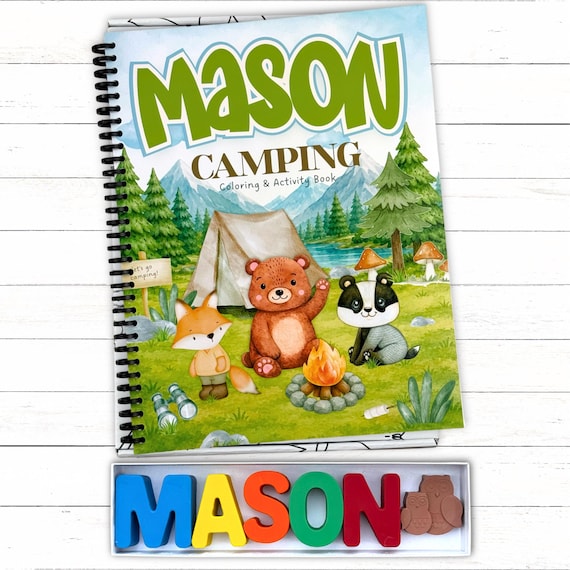 Personalized Camping 3rd Birthday Gift, Custom Name Crayons and Activity Book Set