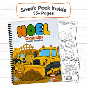 A product collage showing internal construction activity sheets fanned out behind a personalized full color bulldozer coloring book cover on white wood.
