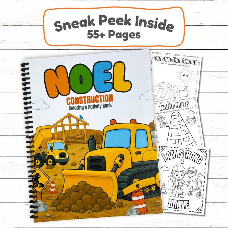 A product collage showing internal construction activity sheets fanned out behind a personalized full color bulldozer coloring book cover on white wood.