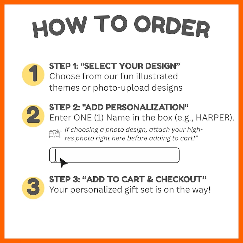 A step by step numbers infographic detailing how to select a custom cover design, enter a personalized name, and complete checkout on a mobile device.