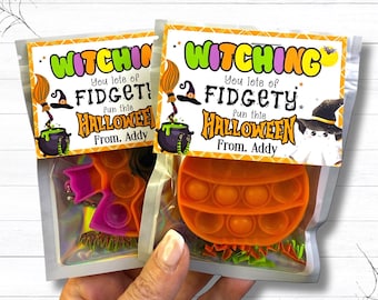 May include: Two Halloween-themed fidget toys in clear bags. Each bag has a colorful label with the words "Witching" and "Fidget" along with Halloween graphics. One fidget toy is pink, and the other is orange.
