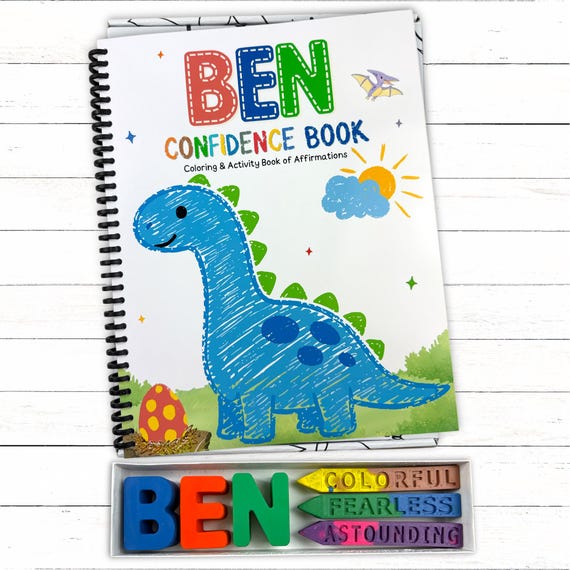 Personalized Kids Dino Confidence Activity Coloring Book, Custom Name Crayon Grandson Gift