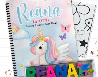 Personalized Kids Unicorn Activity Coloring Book Name Crayons Box Set
