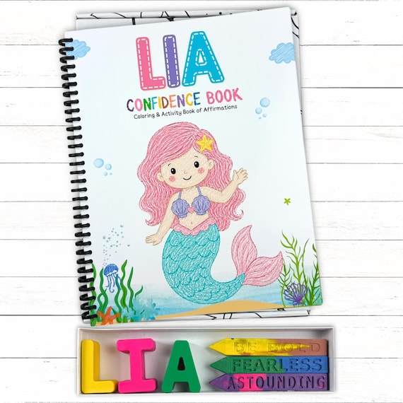 Personalized Kids Mermaid Confidence Activity Coloring Book, Custom Name Crayons Girl Gift Set